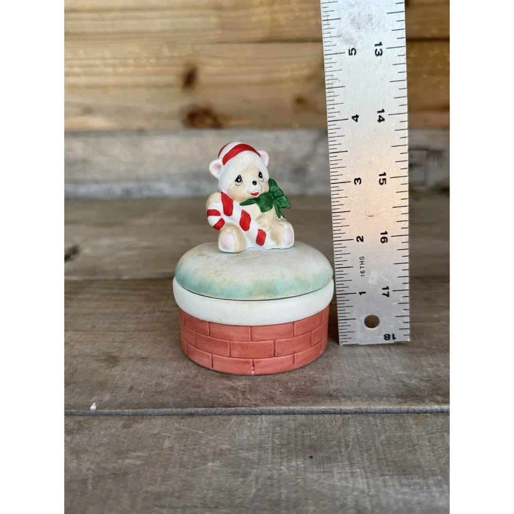 Vintage Porcelain Christmas‎ Bear Candy Cane Snow Chimney Covered Trinket Dish
